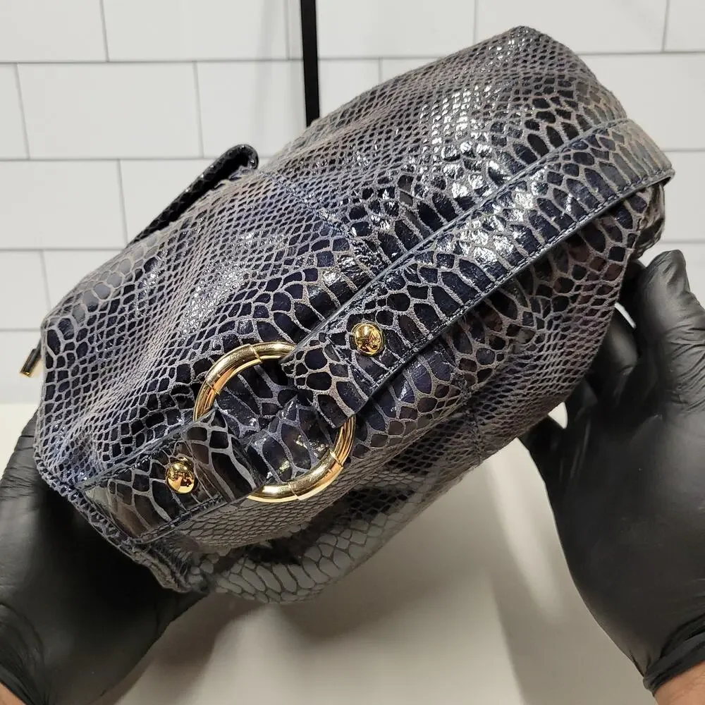 Michael Kors Gray Snake Embossed Hobo Shoulder Bag Gold MK Logo Purse Large